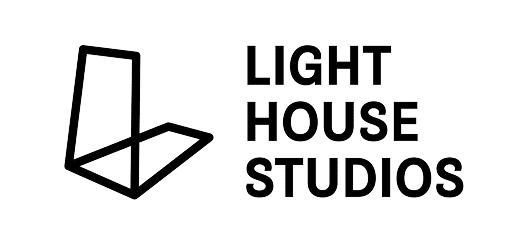 Black outline of a geometric shape resembling an open book or abstract "L", beside bold black text reading "LIGHT HOUSE STUDIOS" on a light grey background. Perfect for materials about Kilkenny Animated Festival.