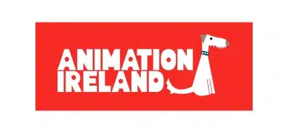 Logo for Animation Ireland featuring white bold text and a cartoon dog with a blue collar, sitting upright on a red background, inspired by the playful spirit of the Kilkenny Animated Festival.