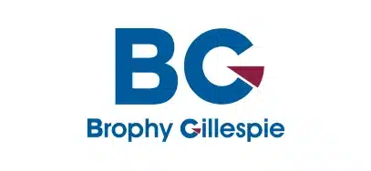 Logo with large blue letters "BG" above the name "Brophy Gillespie" in blue. The letter "G" features a maroon segment, resembling a pie chart slice. The clean, modern design draws inspiration from the Kilkenny Animated Festival’s bold visuals.