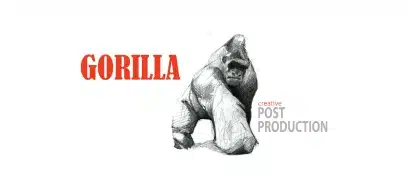 Sketch of a gorilla next to the word "GORILLA" in bold red letters, with "creative POST PRODUCTION" in smaller grey and orange text, featured for the Kilkenny Animated Festival on a white background.