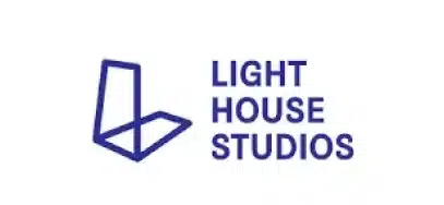 The image shows the logo for Light House Studios, featuring a stylised blue "L" shape next to the words "LIGHT HOUSE STUDIOS" in bold blue letters on a white background, known for participating in events like the Kilkenny Animated Festival.