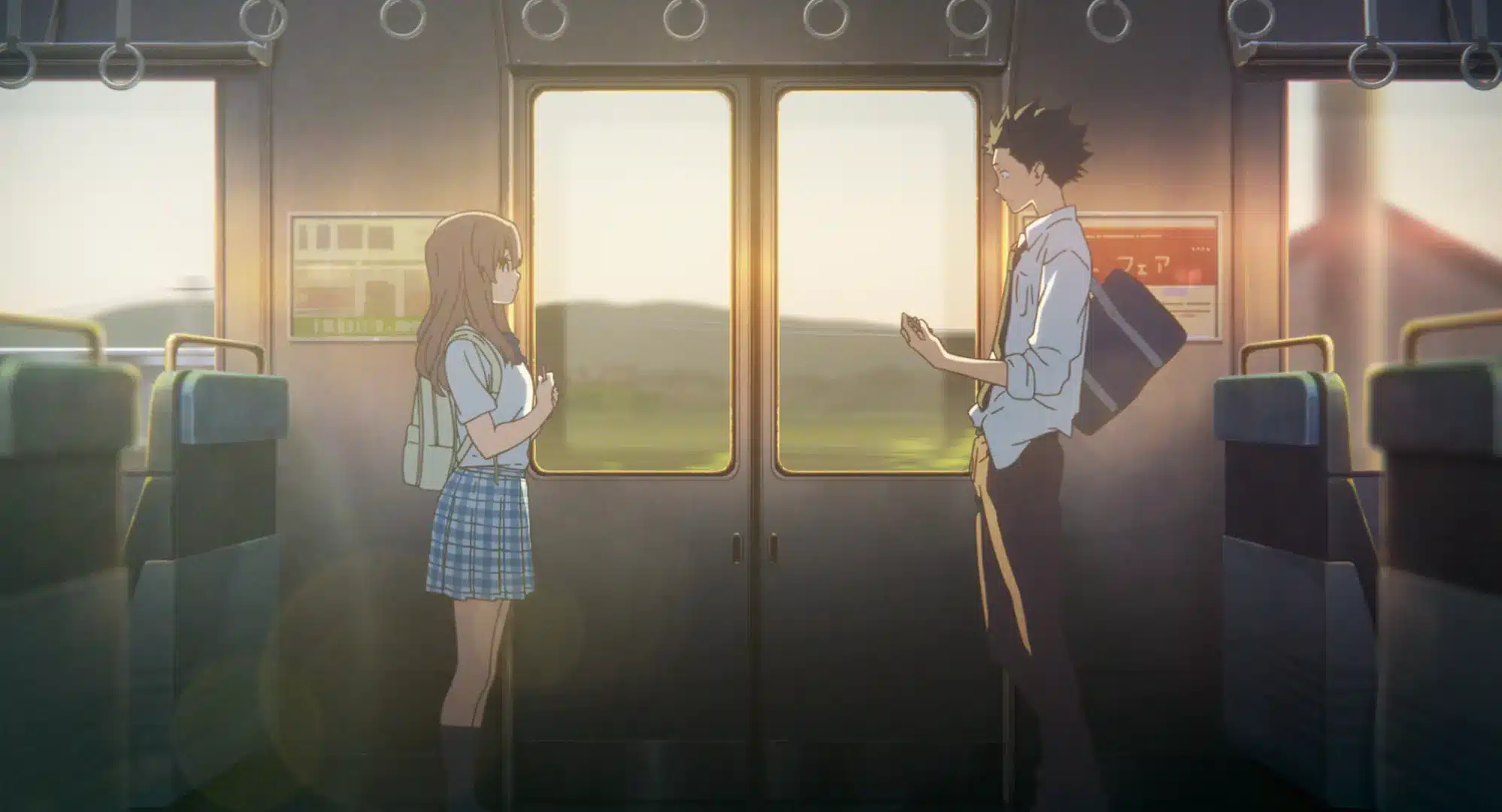 Two anime characters, a girl in a school uniform and a boy in a shirt and tie, stand facing each other on a train during sunset. Sunlight streams through the doors, casting a warm glow inside the carriage.