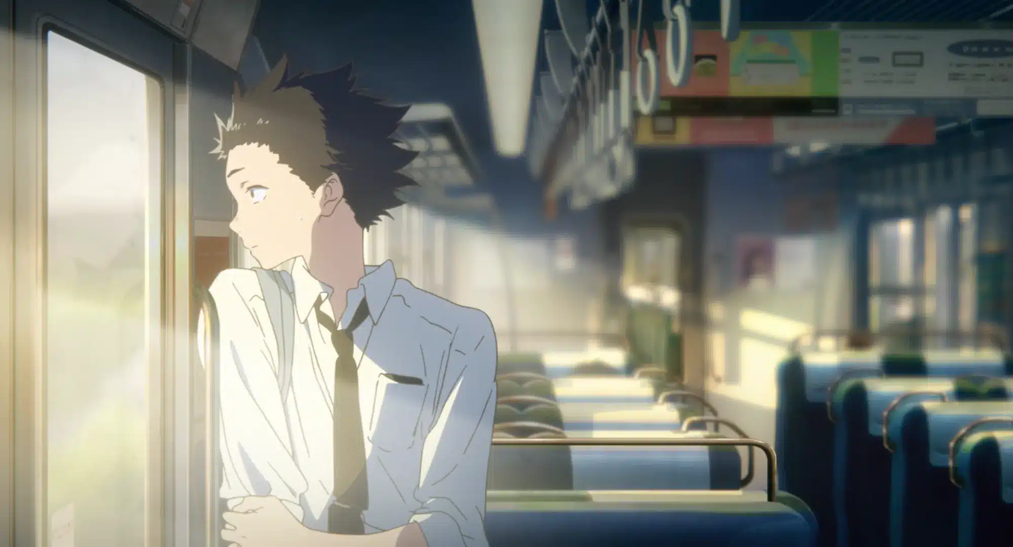An anime boy in a school uniform gazes thoughtfully out the window of an empty train, sunlight streaming in, with empty seats and handrails visible in the softly lit background.