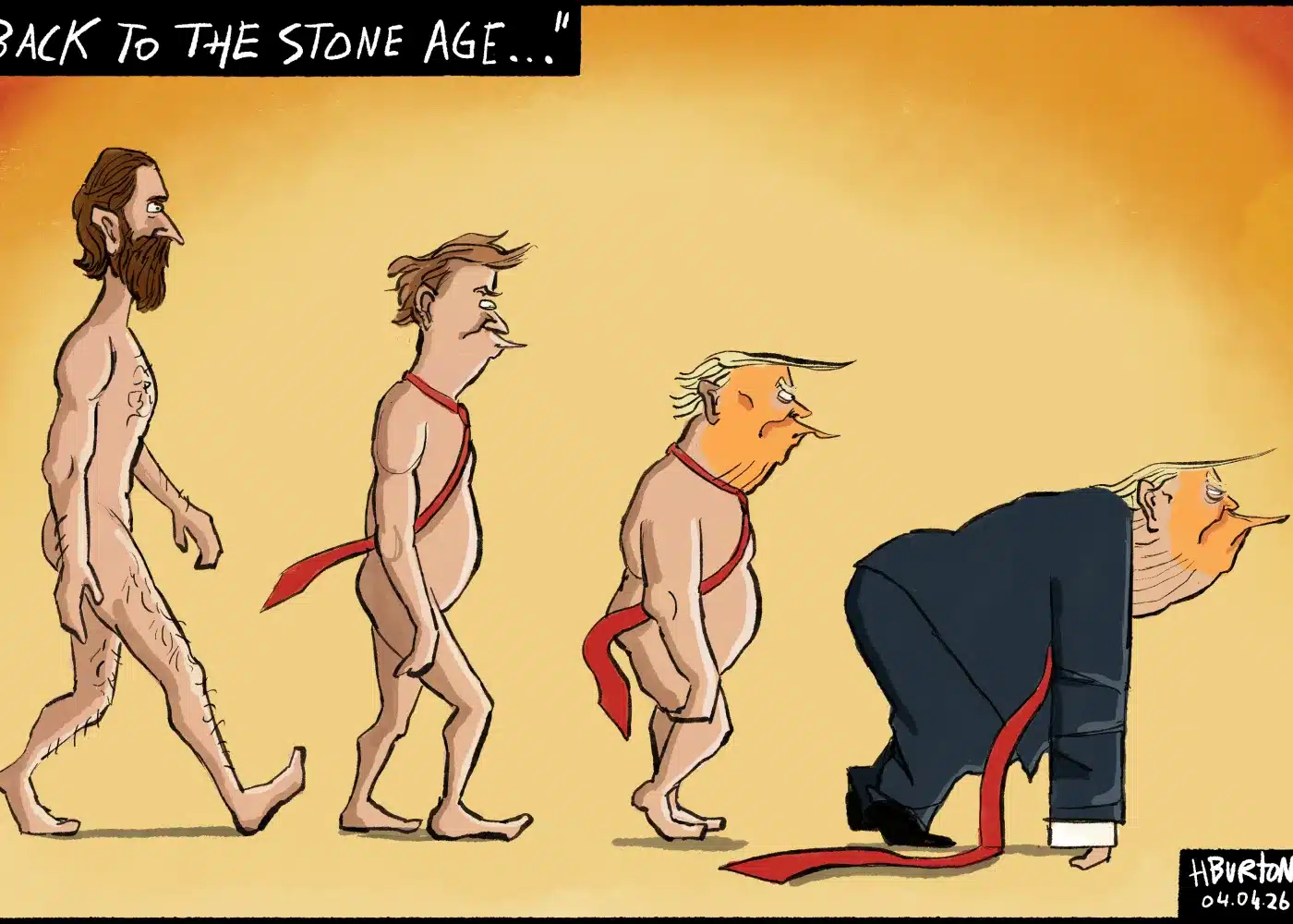 Cartoon showing human evolution in reverse: a caveman evolves into a suited man with a long red tie, who is crawling like an ape. Text above reads, "Back to the Stone Age...