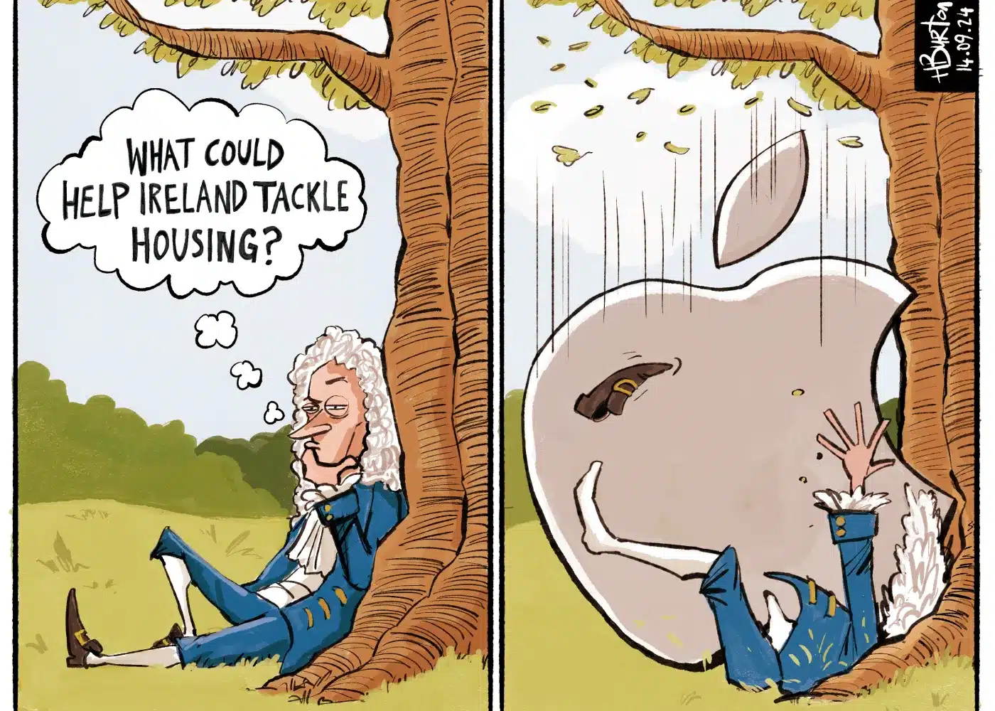 A man sits under a tree pondering how to help Ireland’s housing crisis; in the next panel, a giant Apple logo falls on him, referencing Isaac Newton and Apple’s influence.