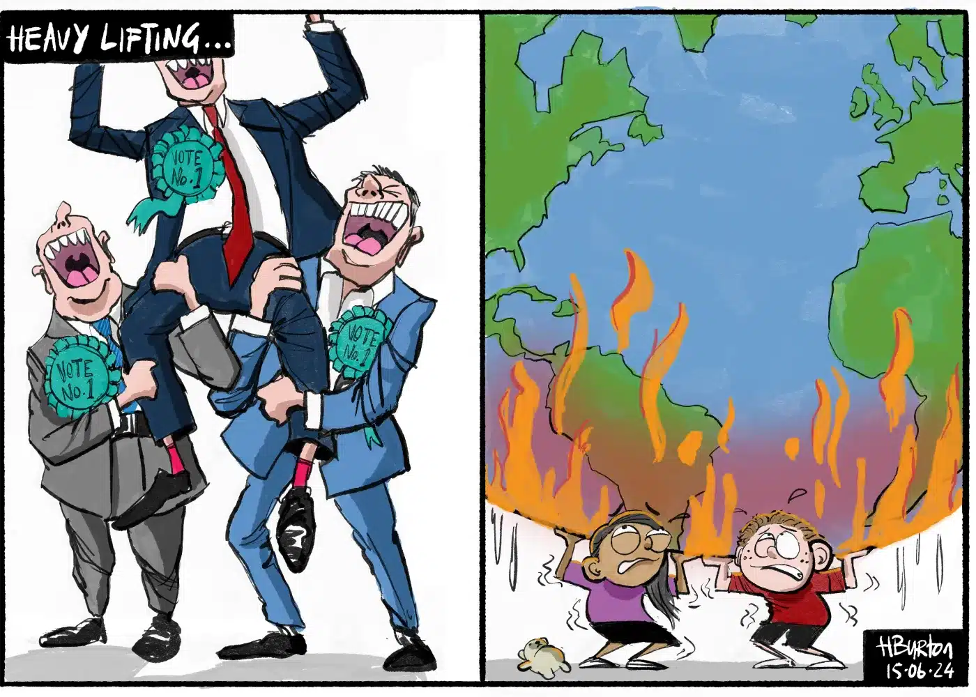 Two suited men holding up another with "Vote No.1" badges, celebrating. Next panel: two frightened children under a burning globe. Text reads "Heavy Lifting." Image by Herald Sun, dated 15-06-24.