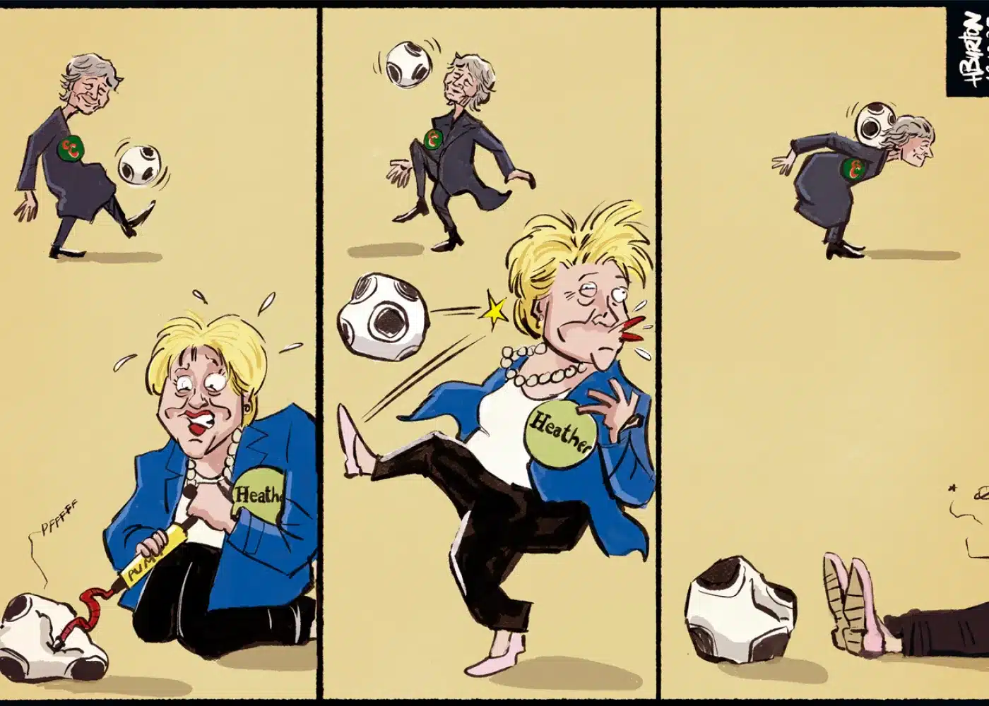 Cartoon of two women labelled “Health,” one struggling with a football and falling, the other easily kicking the ball and walking away confidently.