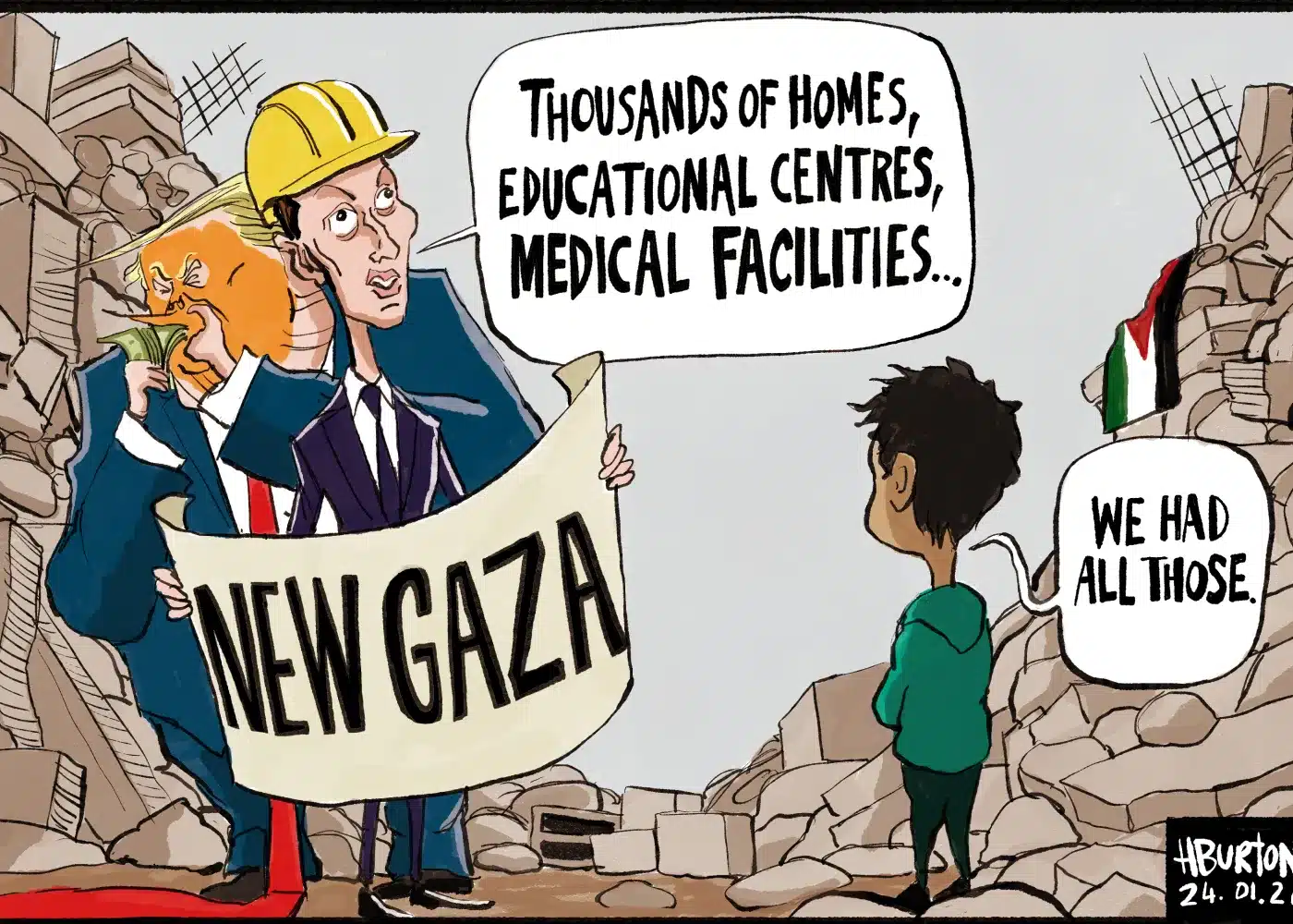 A suited man in a hard hat holds a "NEW GAZA" banner, with others behind him. He says, "Thousands of homes, educational centres, medical facilities..." A child amidst rubble replies, "We had all those.