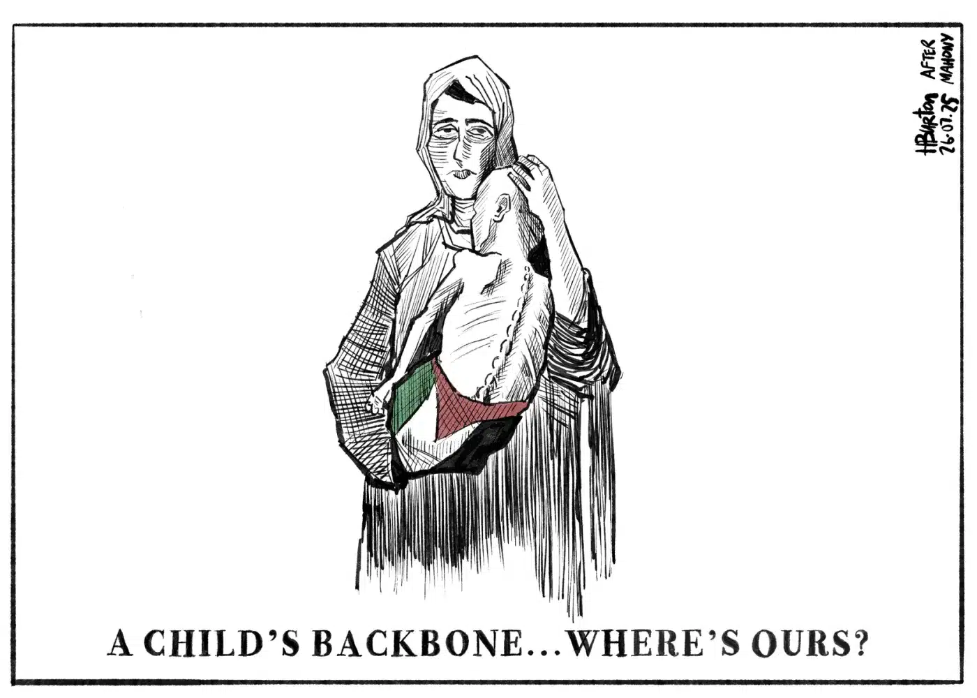 A woman in a headscarf holds a limp child with a visible spine and a Palestinian flag on their back. Text below reads, "A CHILD'S BACKBONE...WHERE'S OURS?".