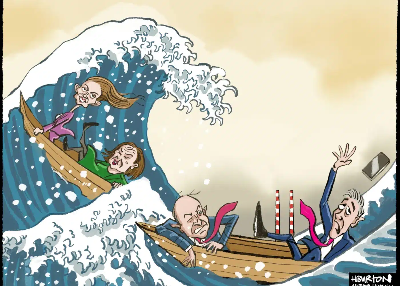 Three people in small boats struggle against a giant wave; two seem angry or scared, one has fallen and lost a briefcase. The scene is chaotic, and the water appears turbulent and overwhelming.