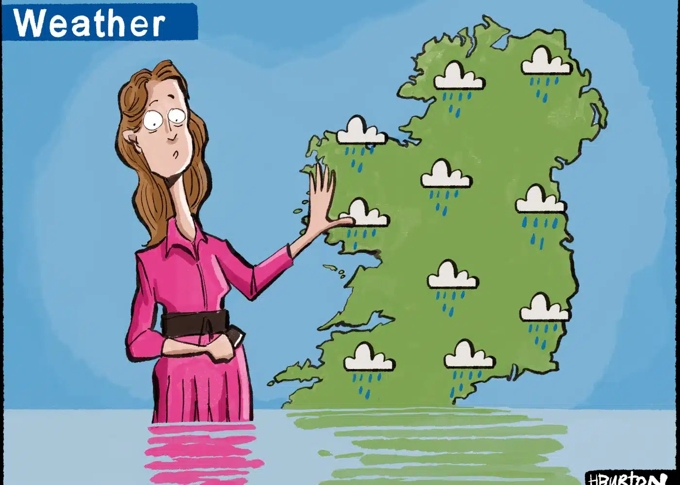 A weather presenter in a pink dress stands in floodwater, pointing at a map of Ireland showing rain clouds across the country.