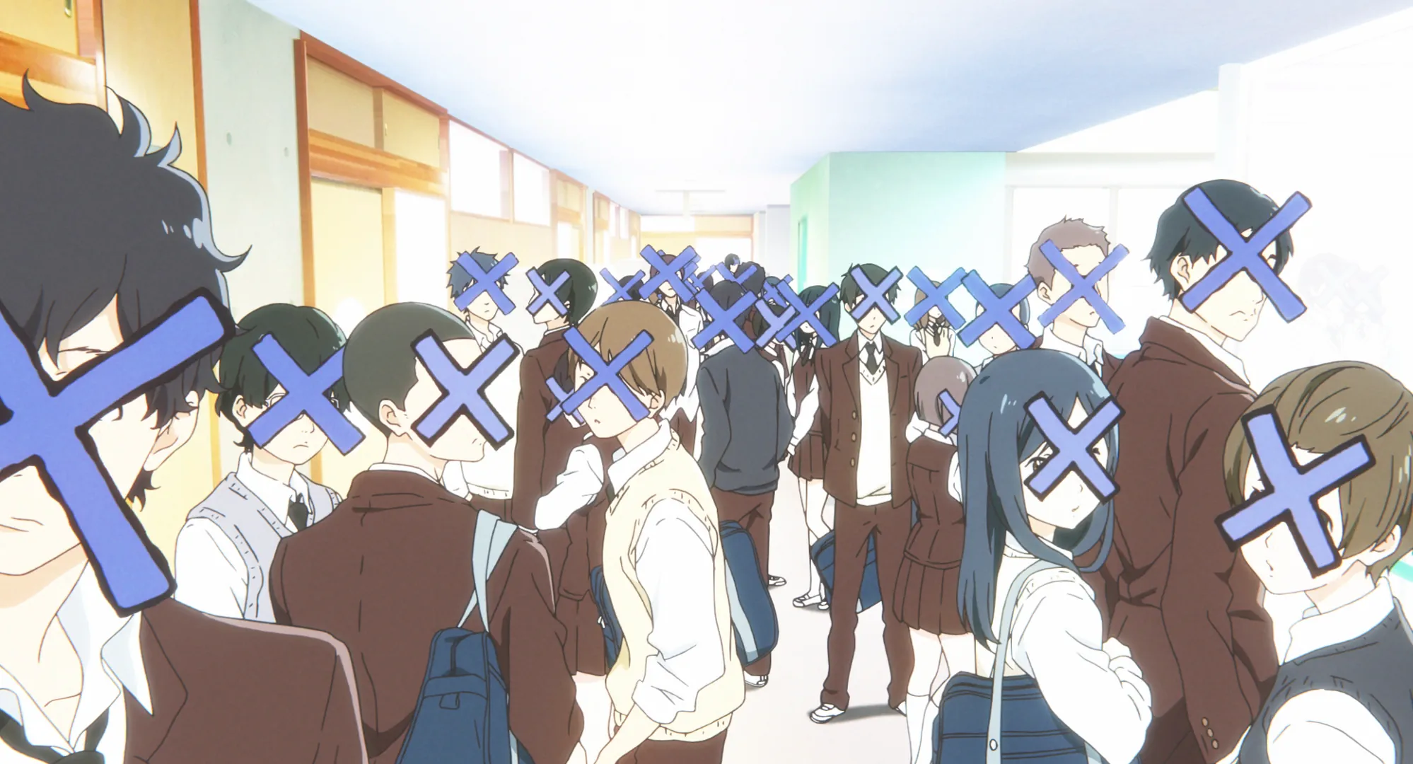 A crowded school corridor with pupils in uniforms. All faces have large blue X's or crosses obscuring them, giving a sense of isolation or alienation. The setting appears bright and clean.