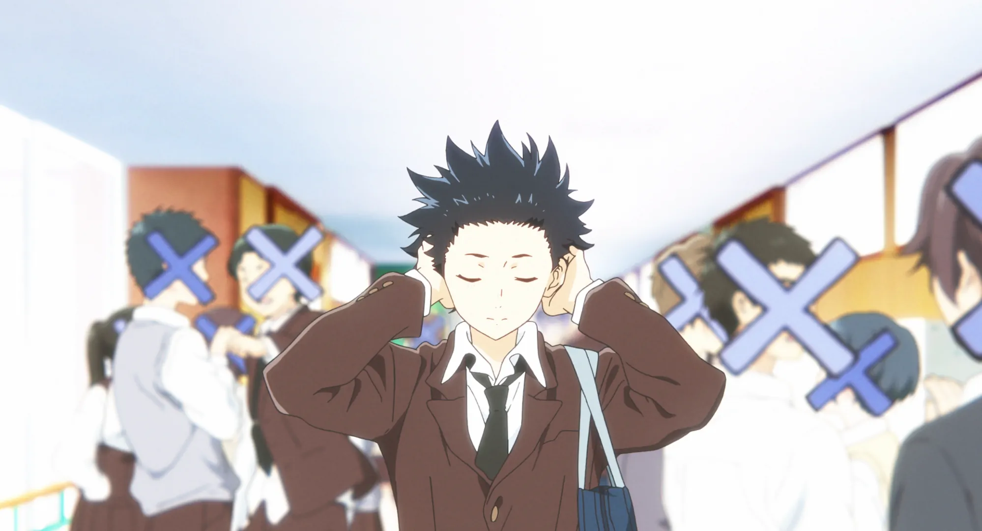 An anime student walks down a corridor with hands over ears. Other students have large blue X marks covering their faces, symbolising isolation or disconnection. The scene is bright and airy.