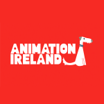 White text reads "ANIMATION IRELAND" on a red background. To the right, a simple cartoon dog with a blue collar is integrated into the design, appearing to sit beside the text.
