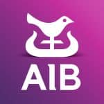 White stylised bird perched on a harp above "AIB" initials, set against a pink and purple gradient background.