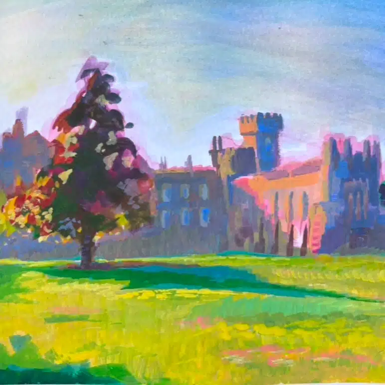 A vibrant painting of a sunlit grassy field with a large tree in the foreground and a distant castle or historic building under a bright blue sky.