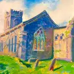 Colourful painting of a stone church with stained glass windows, surrounded by green grass and a few gravestones, under a bright blue sky with clouds.