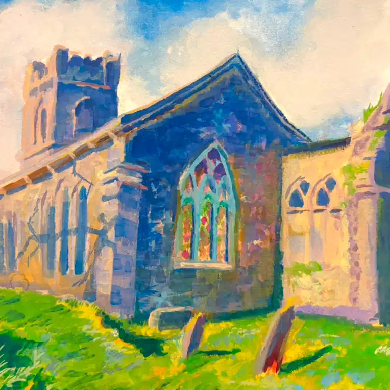 Colourful painting of a stone church with stained glass windows, surrounded by green grass and a few gravestones, under a bright blue sky with clouds.