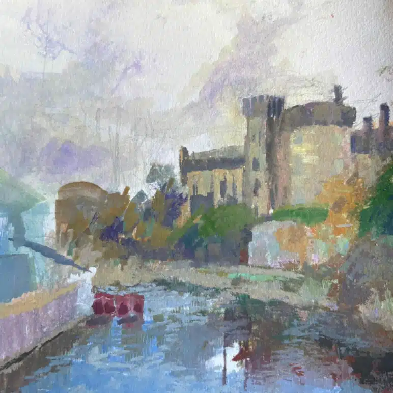 Watercolour painting of a riverside scene with a castle-like building, greenery, and boats on the water under a cloudy sky. The colours are soft and muted, giving a dreamy atmosphere.