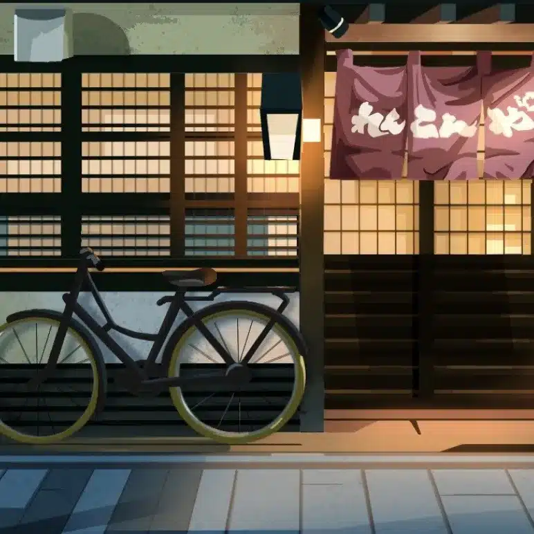 A bicycle is parked in front of a traditional Japanese building with wooden doors, warm lighting, and a purple noren curtain hanging above the entrance.