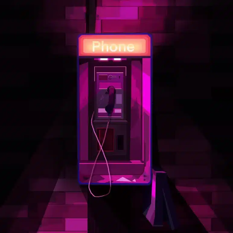 A vintage payphone glows with neon pink and purple light in a dark setting, its handset hanging loosely by its lead.