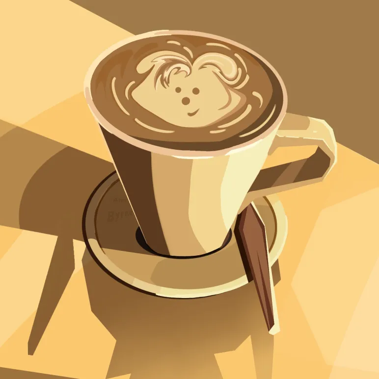 A cup of coffee with latte art forming a smiling face, sitting on a saucer with a spoon, in warm brown and beige tones.