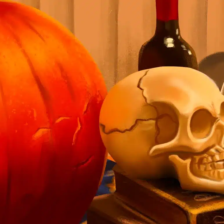 A carved pumpkin, a cracked human skull, books, and a wine bottle are arranged on a table with a curtain in the background.
