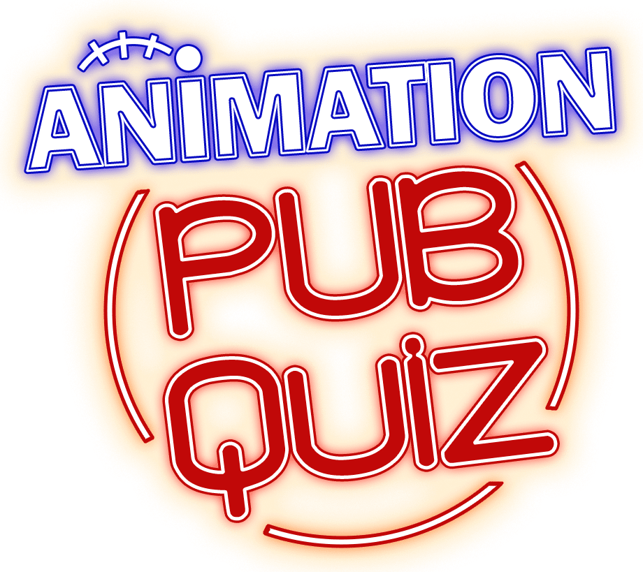 Logo with "ANIMATION" in bold blue letters and "PUB QUIZ" in large red neon-style text, surrounded by red semicircular lines. The top of the "A" has cartoon motion lines.