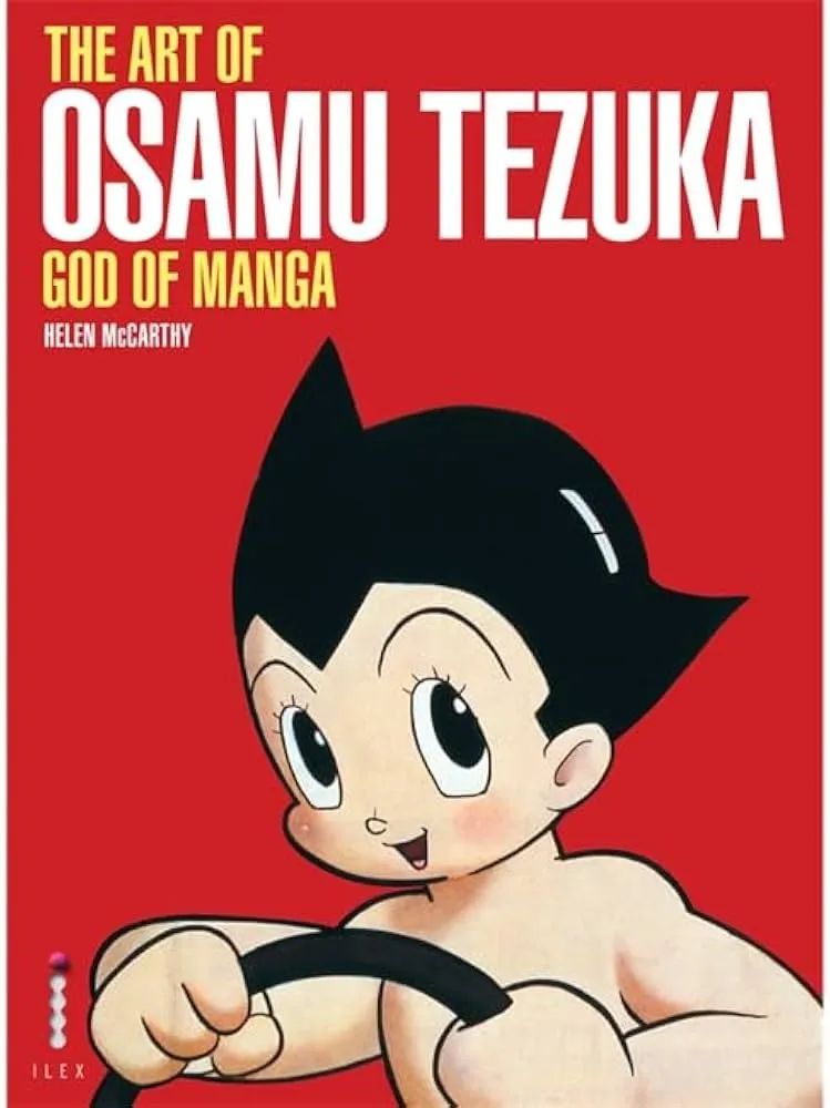 Book cover for "The Art of Osamu Tezuka: God of Manga" by Helen McCarthy, featuring a cartoon character with spiky black hair and large eyes on a red background.