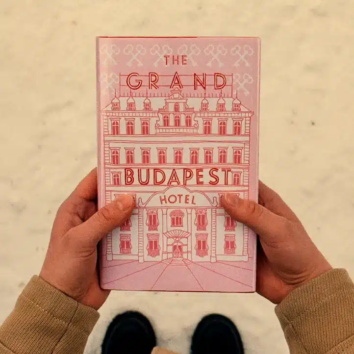 Two hands hold a pink book with an illustration of a grand building and the title "The Grand Budapest Hotel" against a snowy background. Black shoes are visible at the bottom.