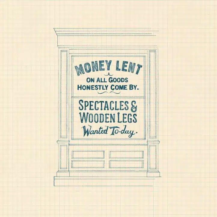 A sketched shop window sign reads: "Money lent on all goods honestly come by. Spectacles & wooden legs wanted to-day." The background is graph paper.