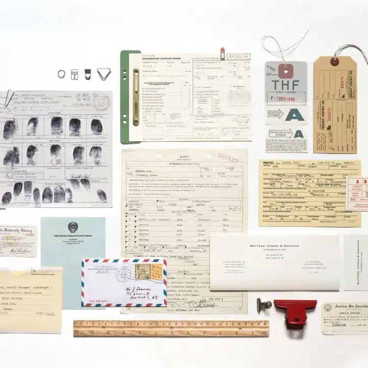 A collection of vintage documents, including fingerprints, forms, envelopes, tags, ruler, and a red security seal, all neatly arranged on a white background.