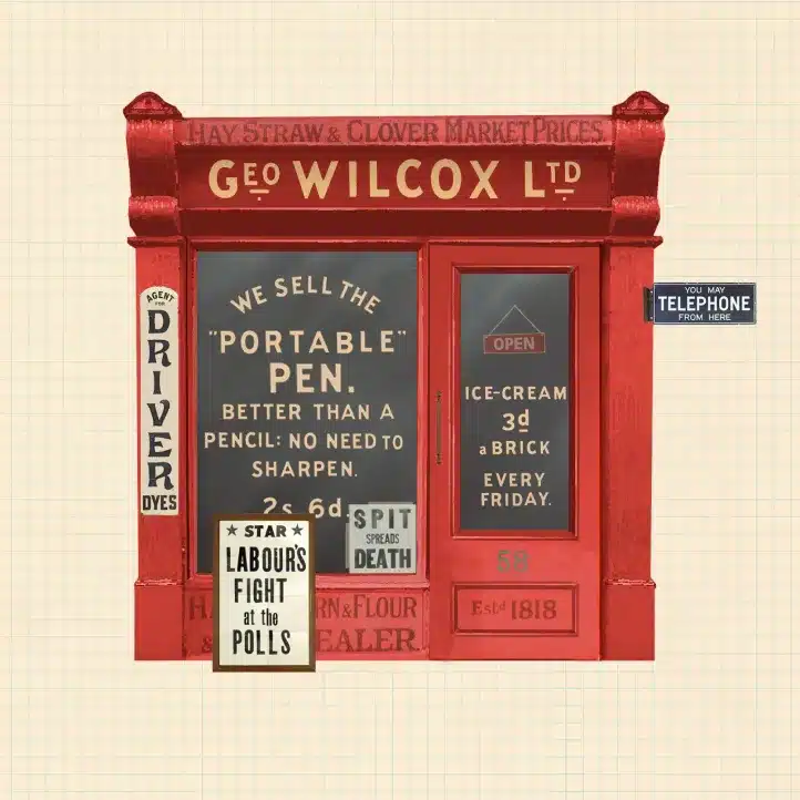 A vintage red shopfront advertises "portable pens," ice cream, and various services. Signs include "Labours fight at the polls" and "Driver dyes." A small blue sign reads "You may telephone from here.