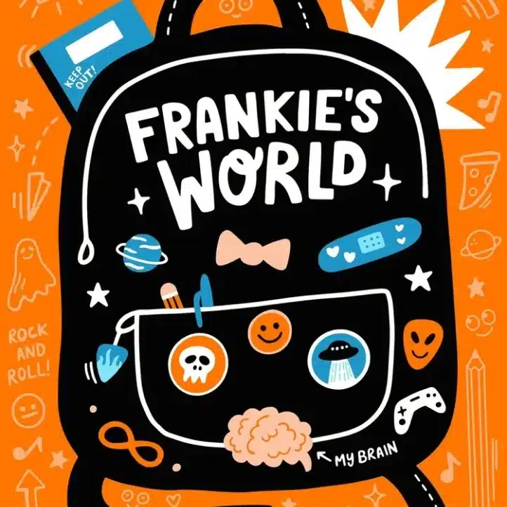 An illustrated rucksack labelled "Frankie's World" with quirky patches: planets, skull, smiley, plaster, bow tie, brain, alien, controller, and key card. Orange background with doodles and "Rock and Roll!" text.