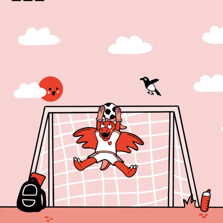 A red dragon in a white football kit hangs from a goalpost holding a football. A black and white bird sits on the net. A rucksack and water bottle lie nearby under a pink sky with clouds and a smiling sun.