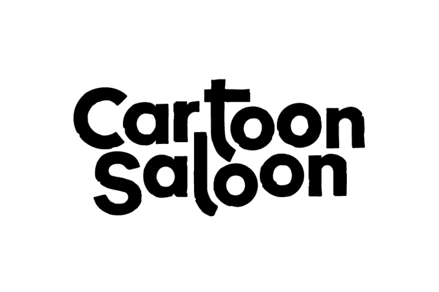Black text logo reading "Cartoon Saloon" in a playful, rounded font, with the "t" and "l" in each word vertically aligned and stylised to connect in the centre, on a white background.