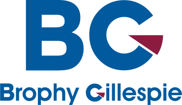 Logo with large blue letters "BG," each containing a maroon triangle. Below, text reads "Brophy Gillespie" in blue, with a maroon triangle in the "G." White background.