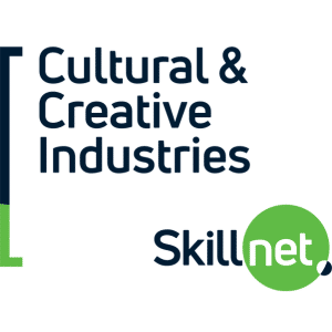 Logo with the text "Cultural & Creative Industries" and "Skillnet." The word "net" is inside a green circle. The design uses dark blue and green colours with modern, clean typefaces.