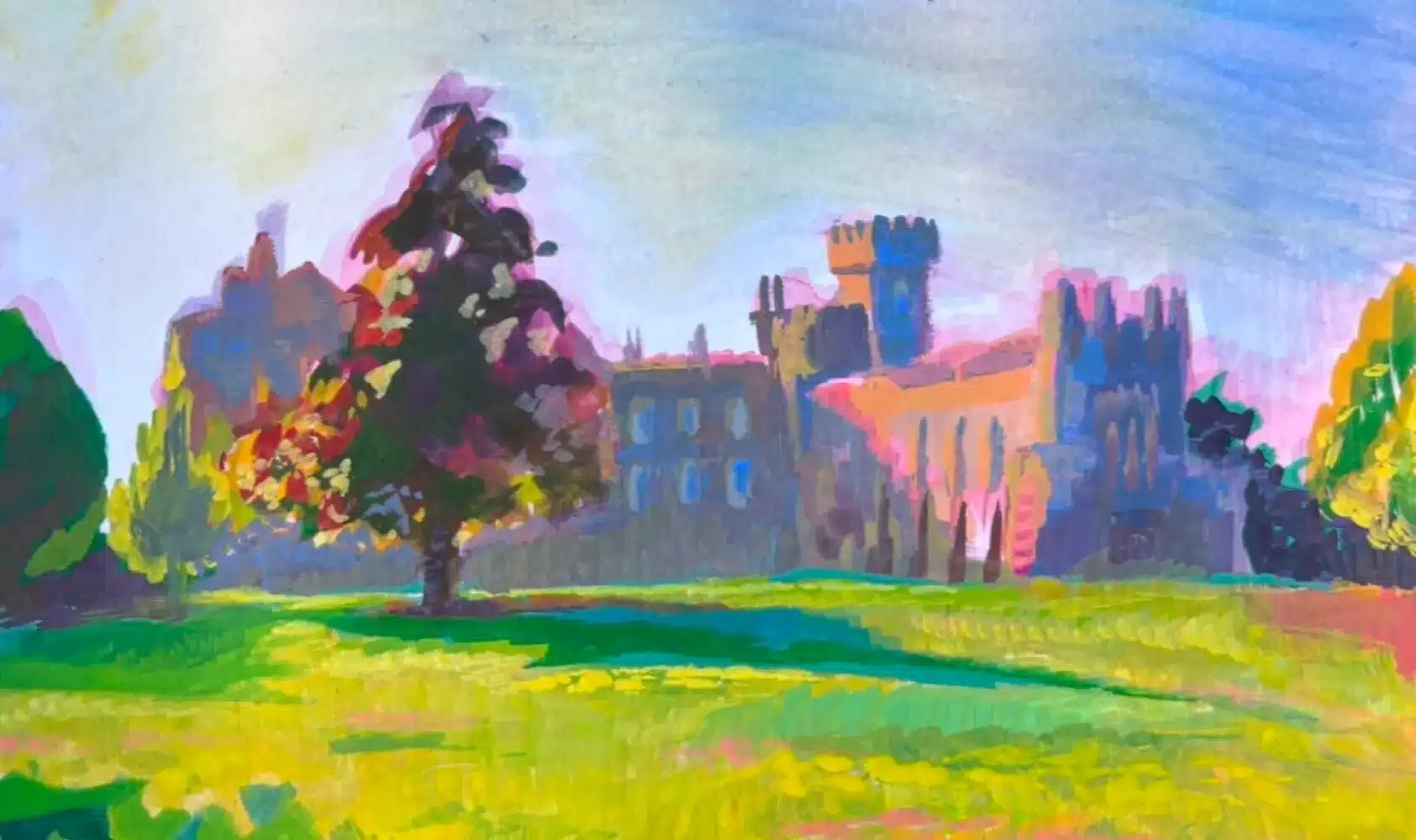 Colourful painting of a large tree on green grass with a castle-like building in the background, under a bright blue sky.