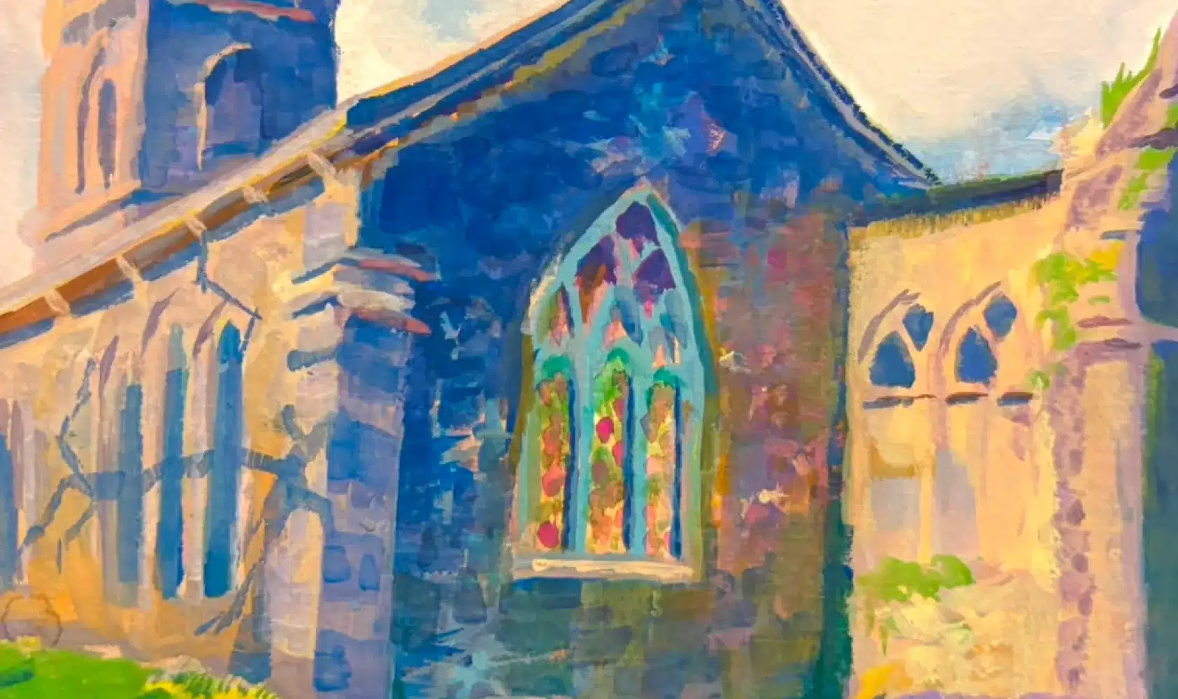 A colourful painting of a stone church with stained glass windows, bathed in sunlight. The vibrant colours give the scene a lively, impressionistic feel.