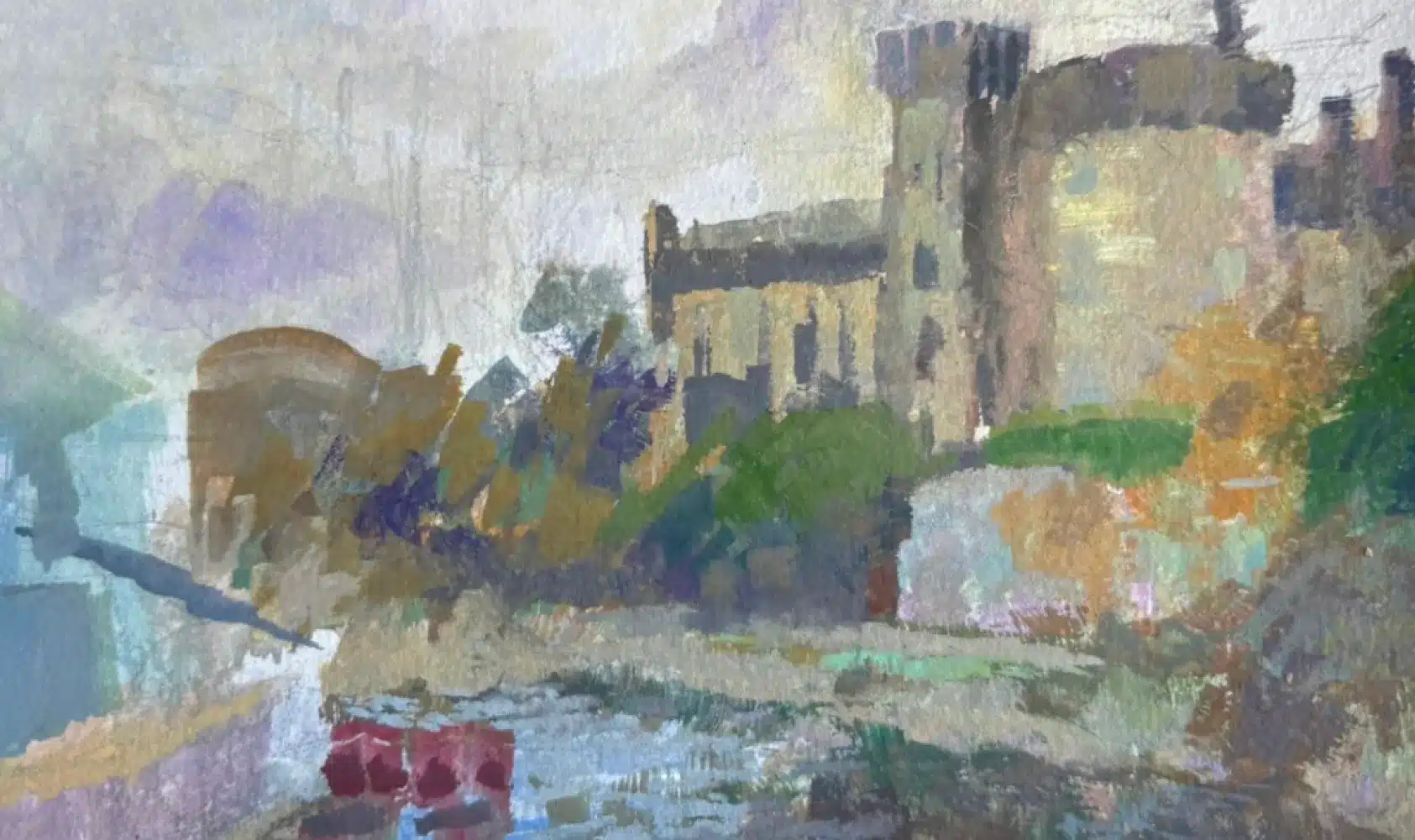 A watercolour painting of a castle by a river, with trees and bushes around it. The sky is cloudy, and the colours are soft and muted, giving a serene, impressionistic feel to the scene.