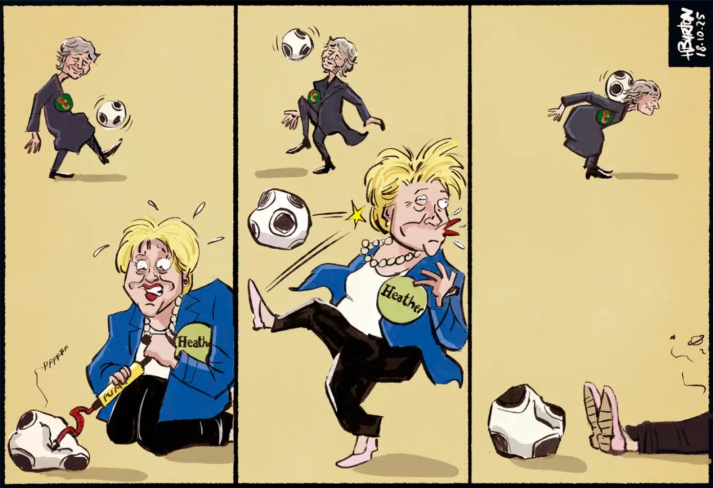 Cartoon of two people labelled "Health" and "Aged Care" playing football. "Health" is hit in the face with the ball, falls, and appears injured, while "Aged Care" effortlessly kicks the ball away.