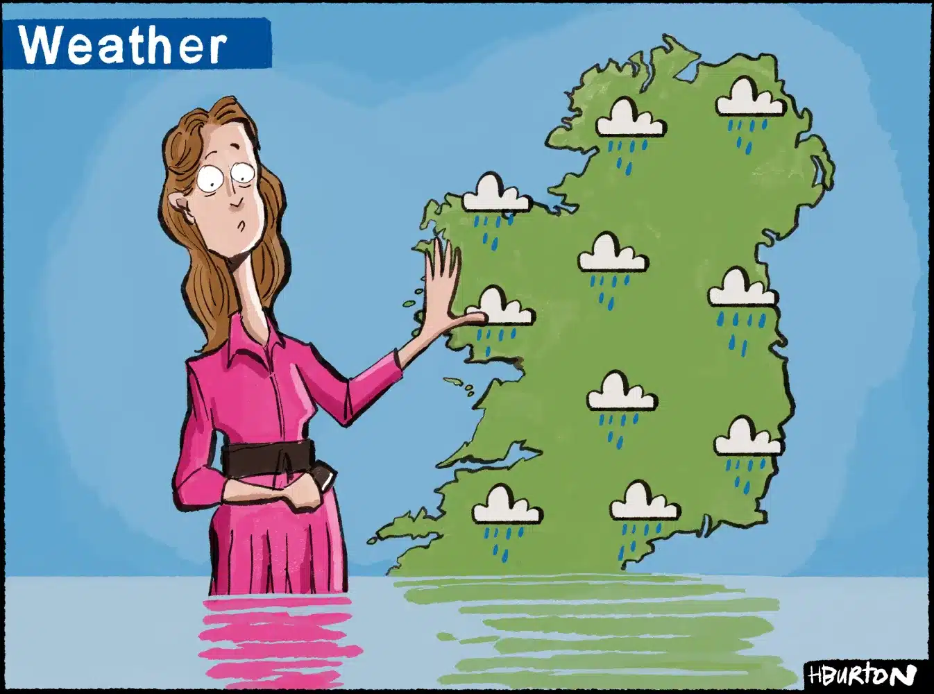 A weather presenter in pink stands in rising floodwater, reporting on a map of Ireland covered with rain clouds. The scene humourously suggests widespread heavy rain and flooding.