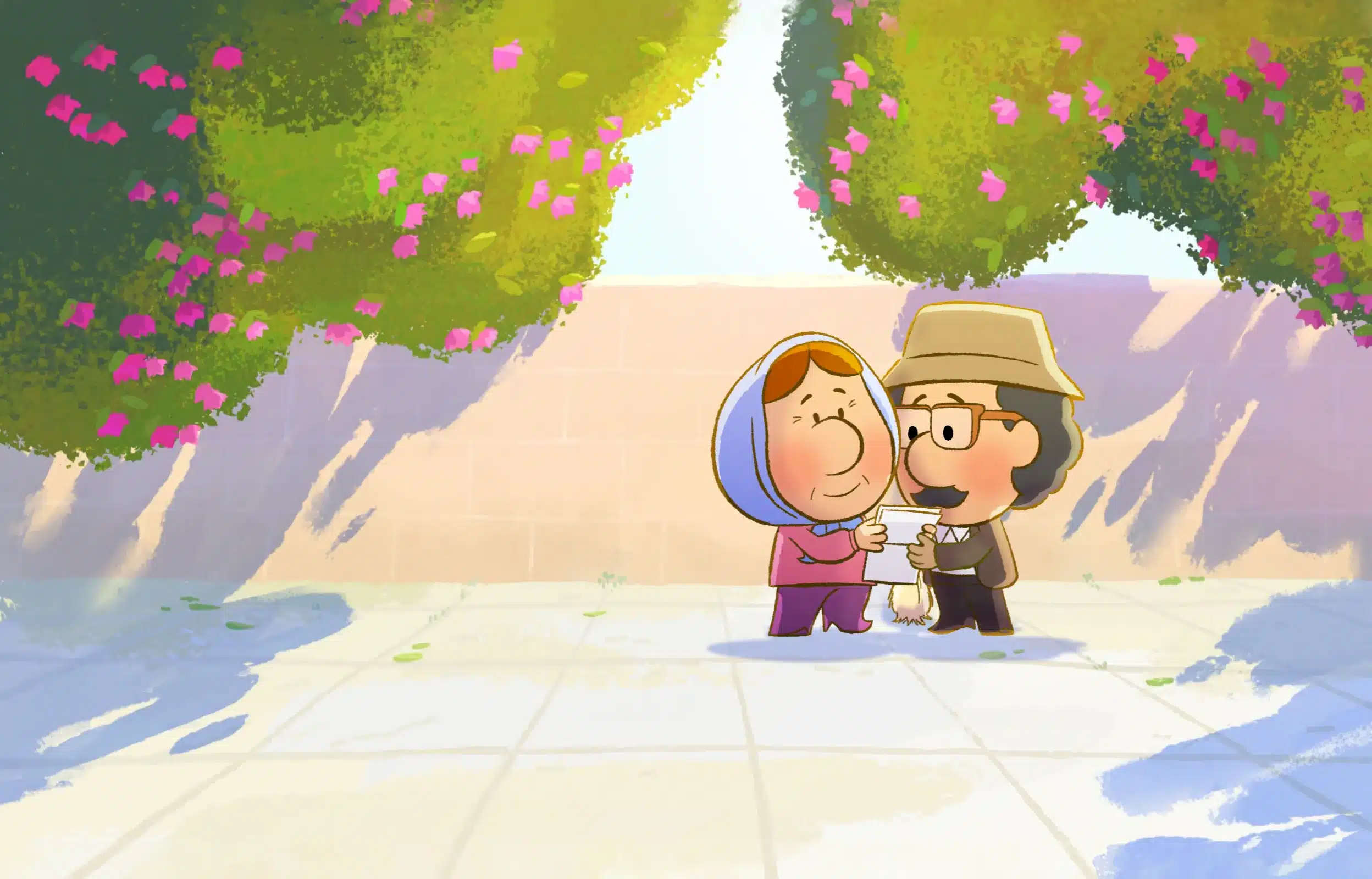 Two cartoon characters, one in a blue headscarf and the other in glasses and a hat, stand smiling and holding hands under trees with pink flowers, casting soft shadows on a sunlit tiled ground.