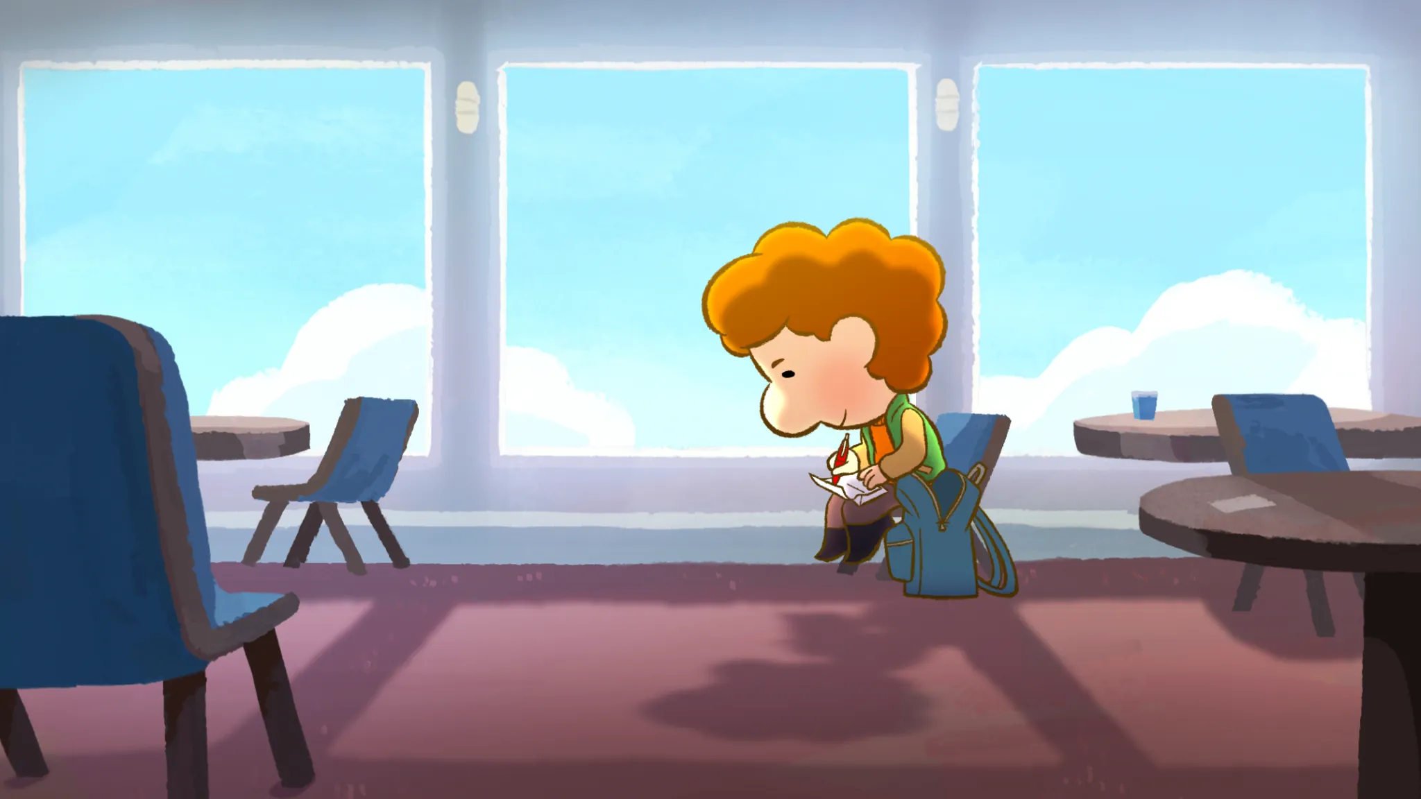 Cartoon person with curly hair sits on a chair in a sunny, empty room with large windows, writing in a notebook with a rucksack by their side. Blue chairs and round tables are visible around them.