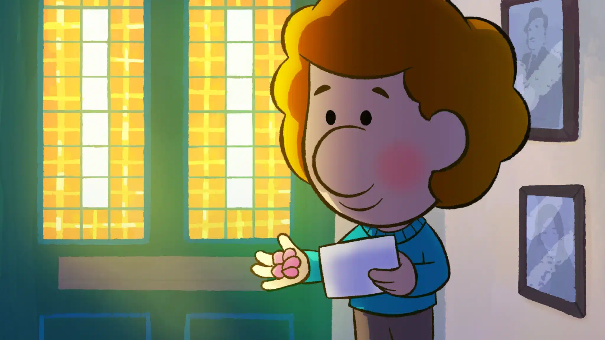 A cartoon character with curly hair holds a note and a small pink flower, standing near a green door with yellow glass panels. Framed pictures hang on the wall behind them.