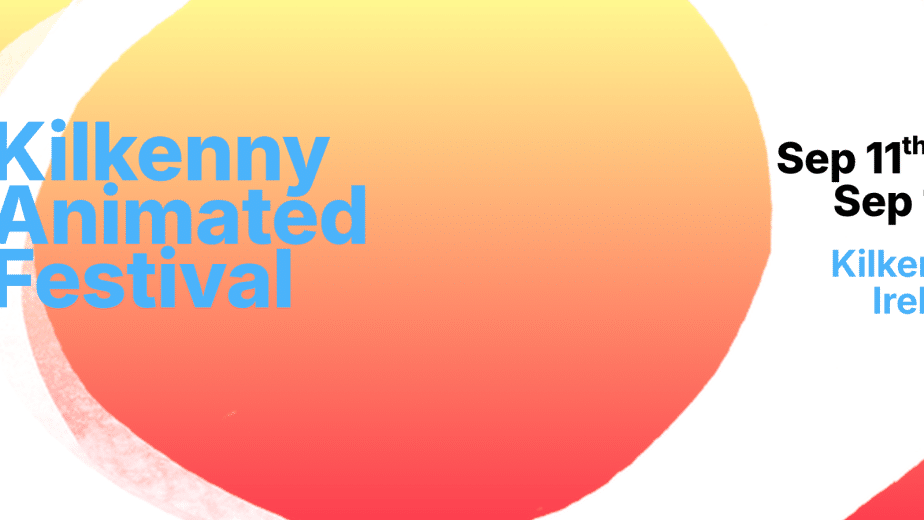 Gradient background with large white swooshes. Blue text reads "Kilkenny Animated Festival." Black text reads "11th Sep → 13th Sep" above blue text "Kilkenny, Ireland" on the right.