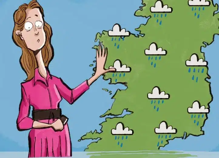A weather presenter in a pink dress stands in rising water, gesturing towards a map showing rain clouds over the region, indicating heavy rainfall and possible flooding.