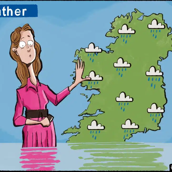 A weather presenter in a pink dress stands in rising water, gesturing towards a map showing rain clouds over the region, indicating heavy rainfall and possible flooding.