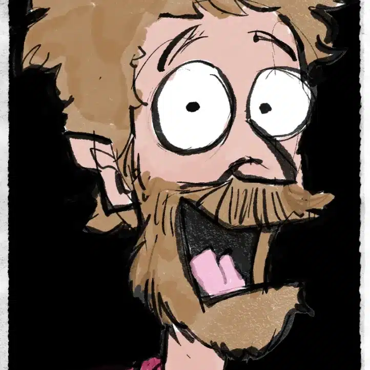 Cartoon drawing of a bearded person with wild hair, wide eyes, and an open mouth, appearing excited or surprised, against a black background.
